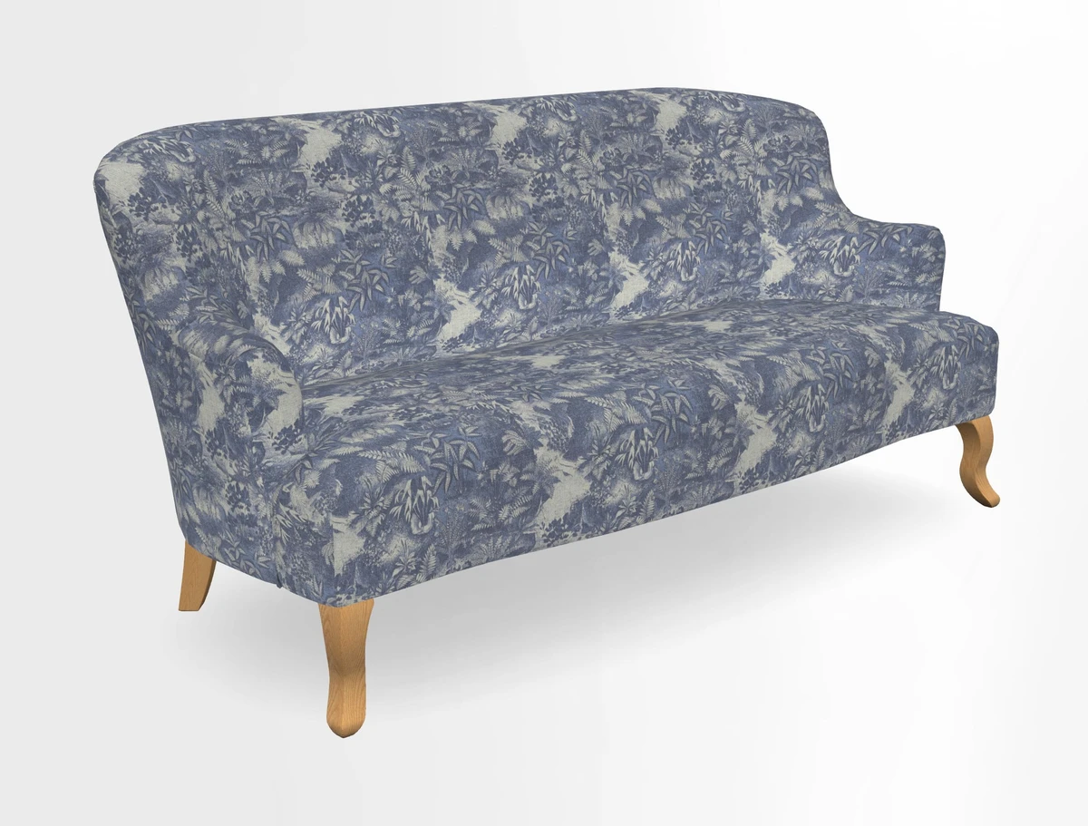 Grassington 3 Seater Sofa in RHS Botanicals on Velvet Ferns Toile Olive with scatter in Almost Plain Velvet Harvest
