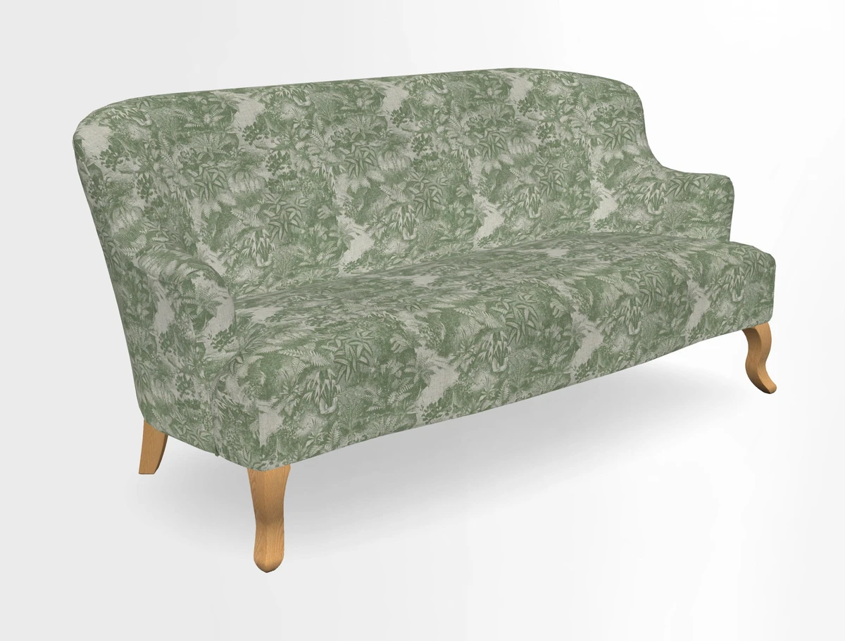 Grassington 3 Seater Sofa in RHS Botanicals on Velvet Ferns Toile Olive with scatter in Almost Plain Velvet Harvest
