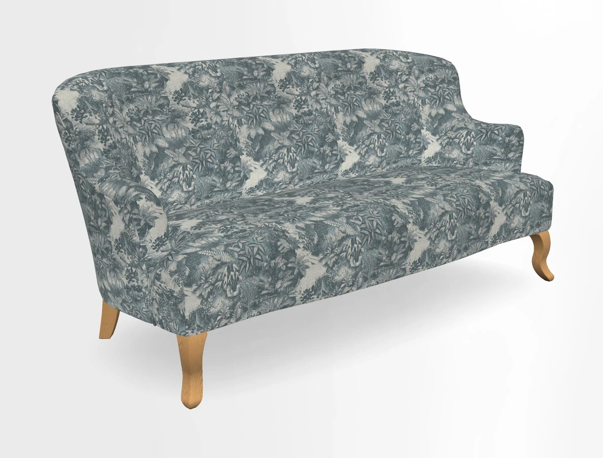 Grassington 3 Seater Sofa in RHS Botanicals on Velvet Ferns Toile Olive with scatter in Almost Plain Velvet Harvest
