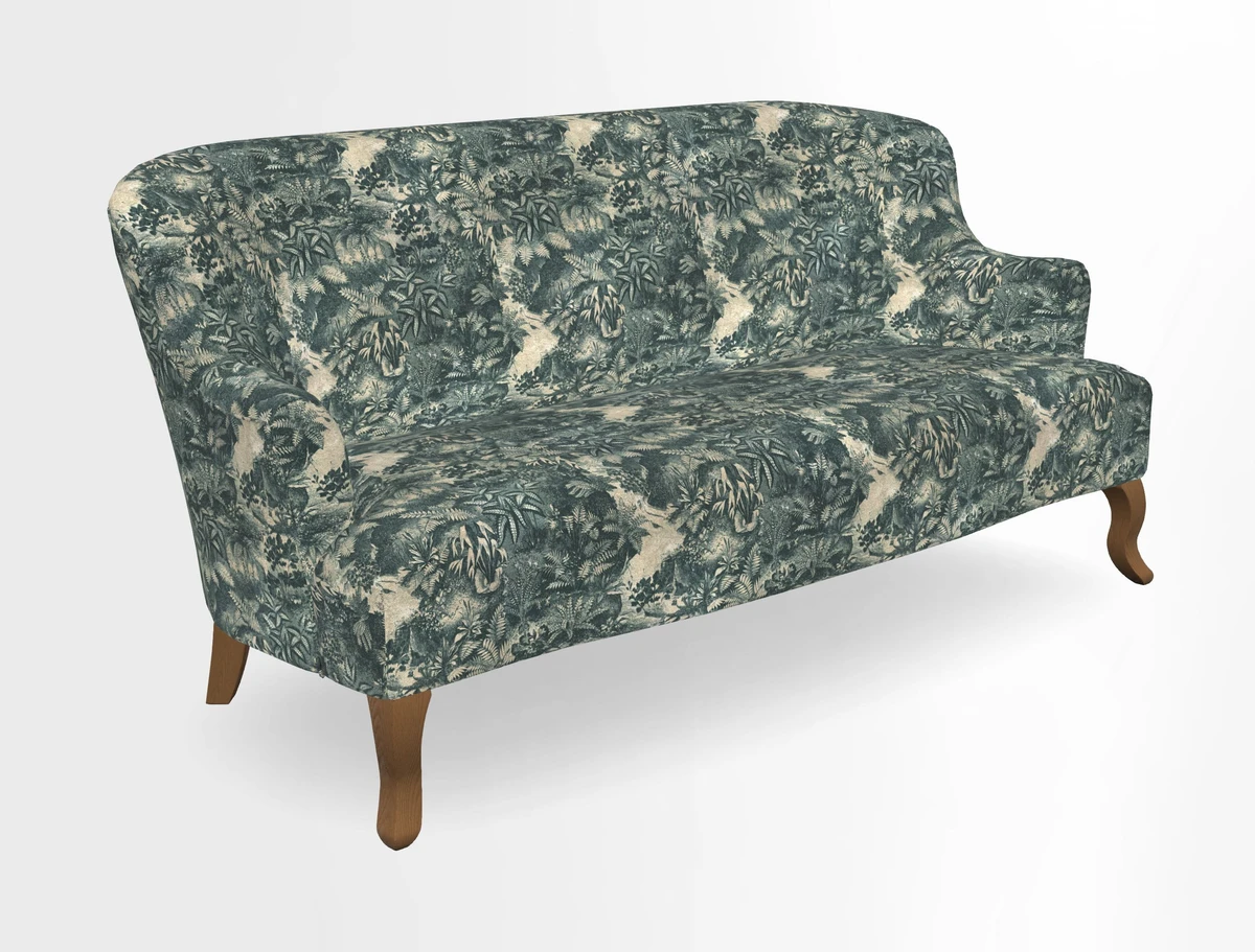 Grassington 3 Seater Sofa in RHS Botanicals on Velvet Ferns Toile Olive with scatter in Almost Plain Velvet Harvest
