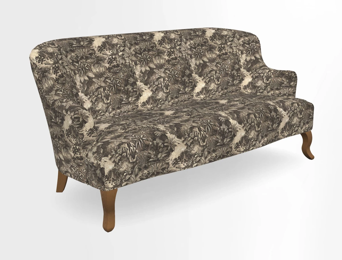 Grassington 3 Seater Sofa in RHS Botanicals on Velvet Ferns Toile Olive with scatter in Almost Plain Velvet Harvest