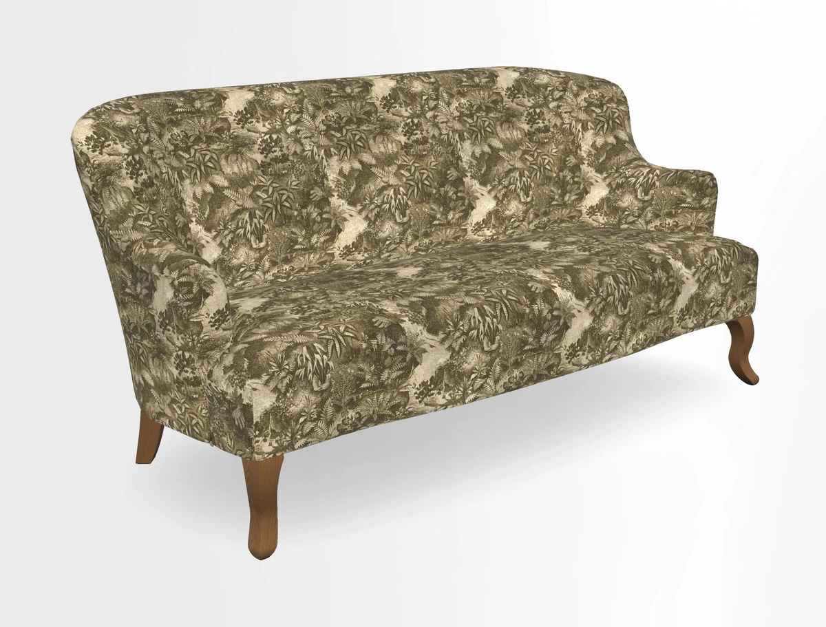 Grassington 3 Seater Sofa in RHS Botanicals on Velvet Ferns Toile Olive with scatter in Almost Plain Velvet Harvest