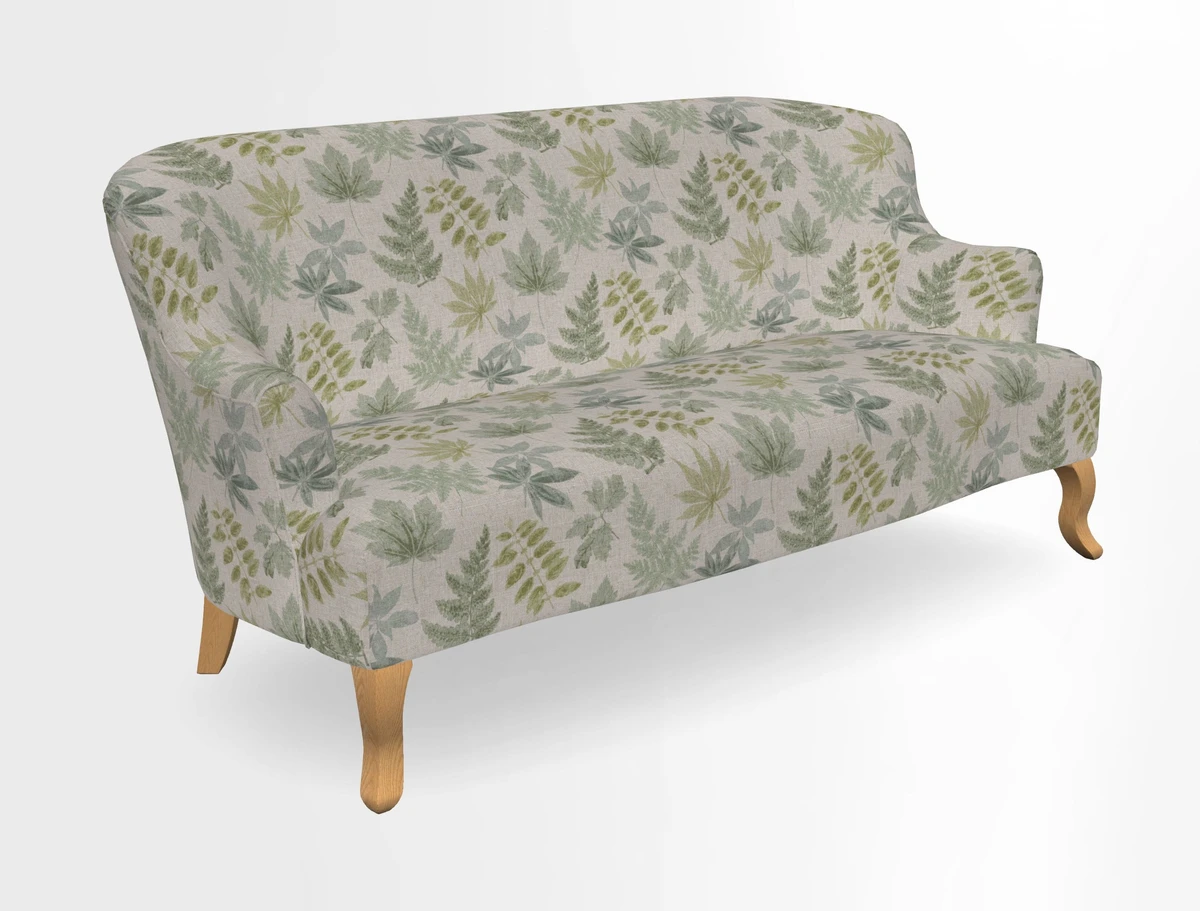 Grassington 3 Seater Sofa in RHS Botanicals on Velvet Ferns Toile Olive with scatter in Almost Plain Velvet Harvest