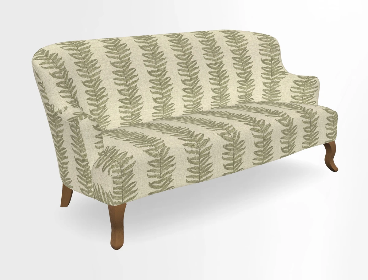 Grassington 3 Seater Sofa in RHS Botanicals on Velvet Ferns Toile Olive with scatter in Almost Plain Velvet Harvest