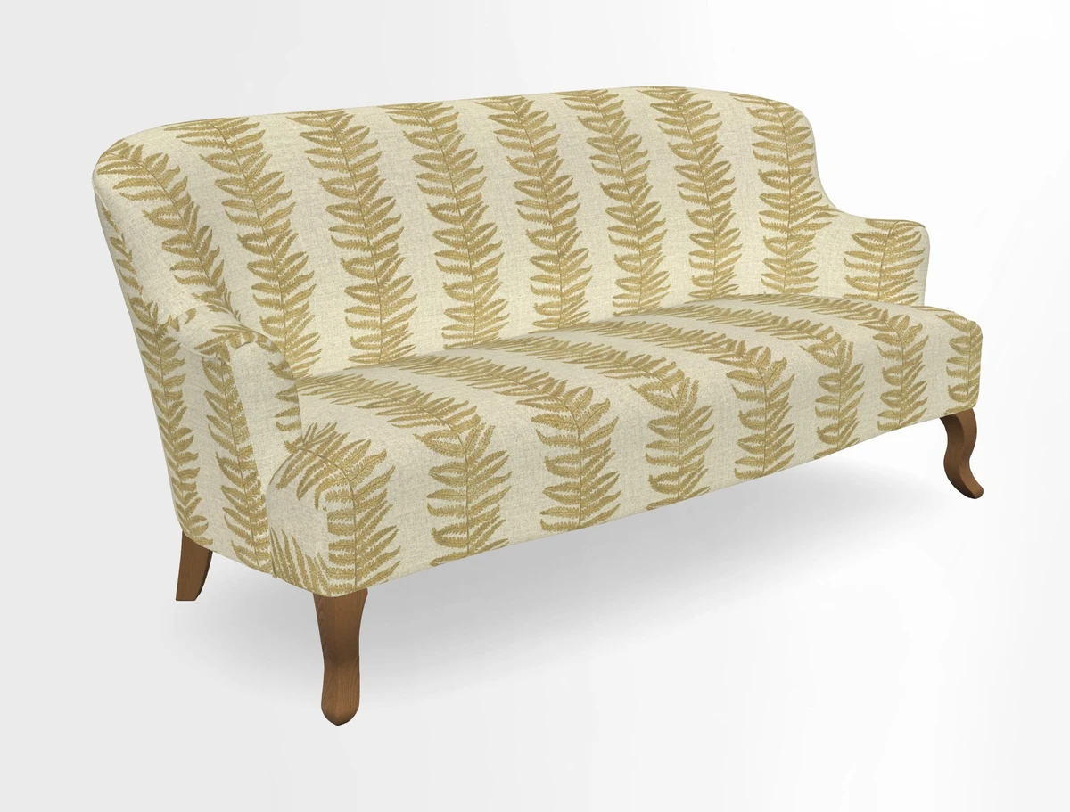 Grassington 3 Seater Sofa in RHS Botanicals on Velvet Ferns Toile Olive with scatter in Almost Plain Velvet Harvest