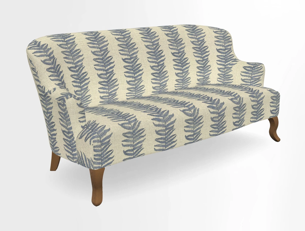Grassington 3 Seater Sofa in RHS Botanicals on Velvet Ferns Toile Olive with scatter in Almost Plain Velvet Harvest