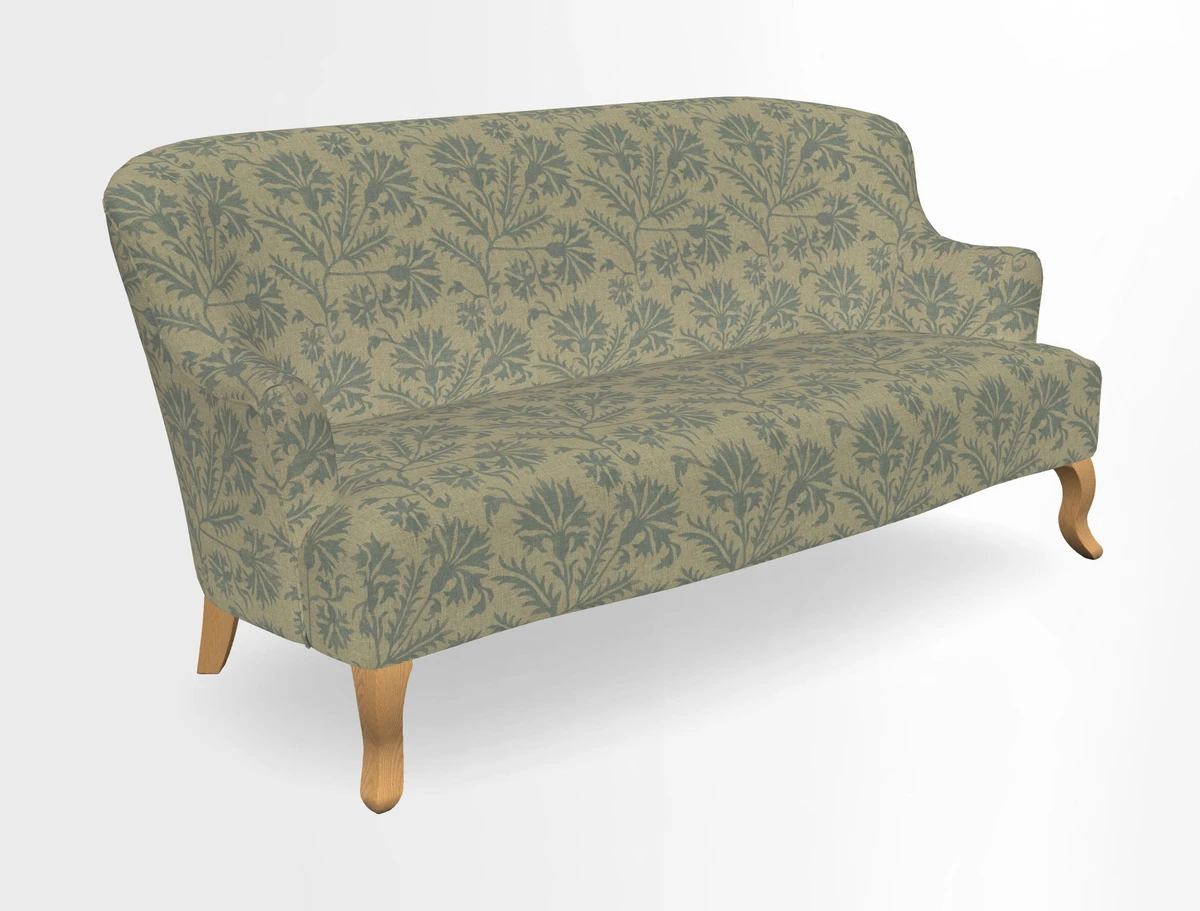 Grassington 3 Seater Sofa in RHS Botanicals on Velvet Ferns Toile Olive with scatter in Almost Plain Velvet Harvest