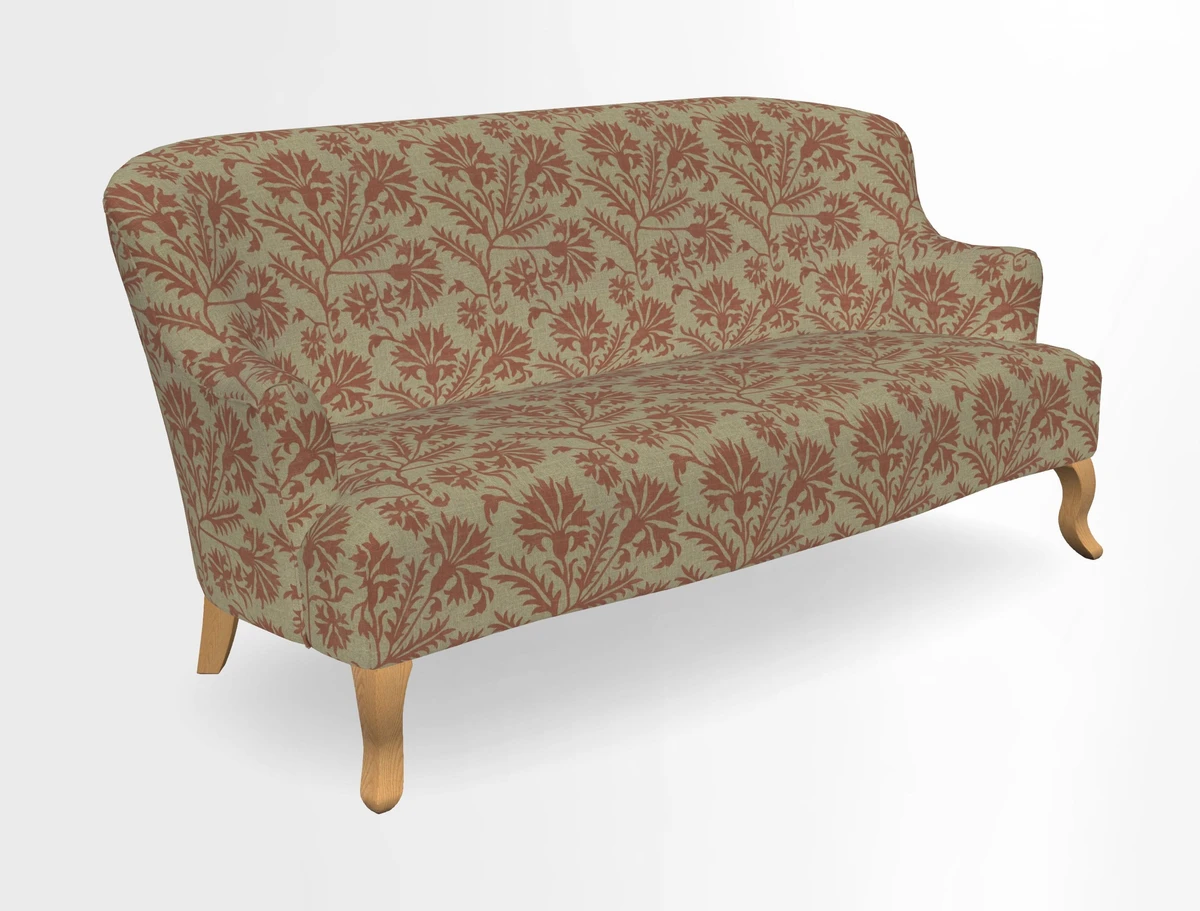 Grassington 3 Seater Sofa in RHS Botanicals on Velvet Ferns Toile Olive with scatter in Almost Plain Velvet Harvest