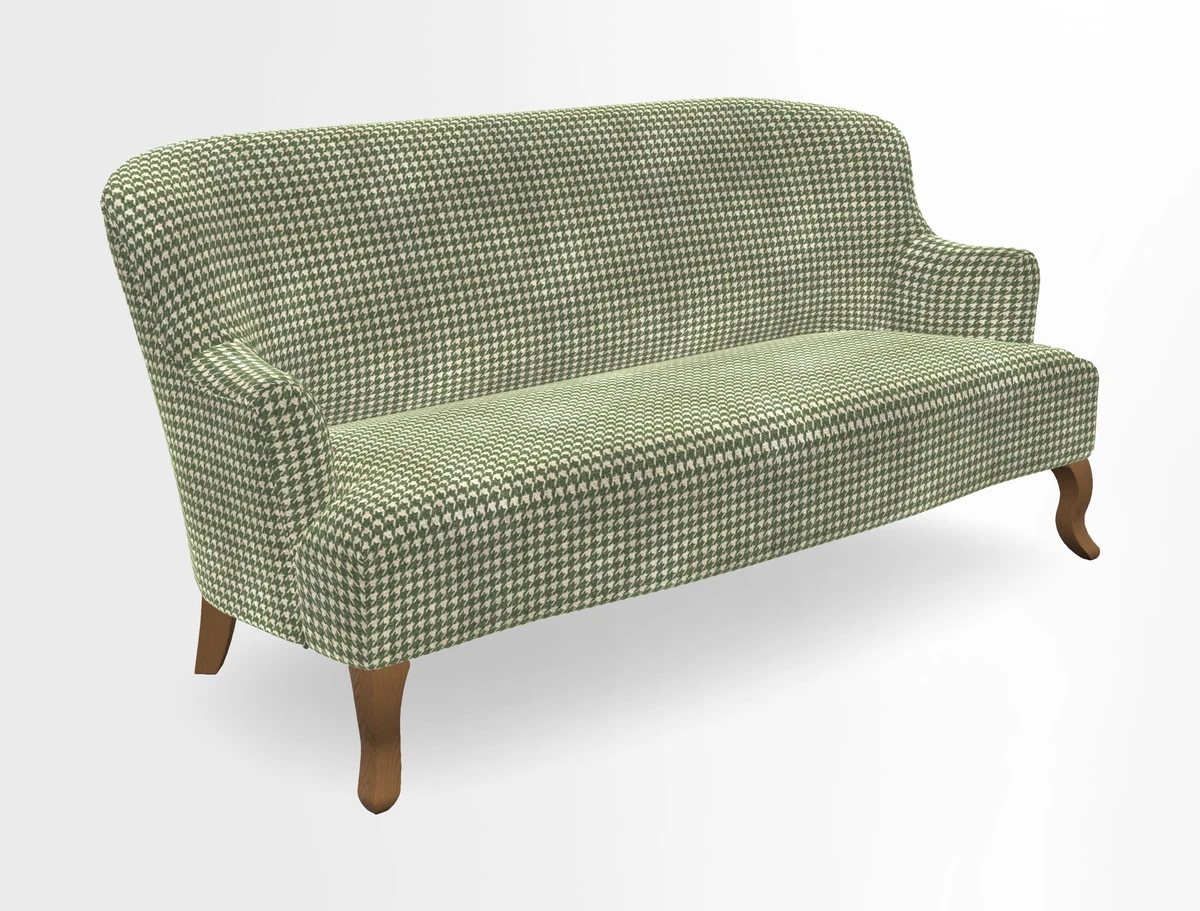Grassington 3 Seater Sofa in RHS Botanicals on Velvet Ferns Toile Olive with scatter in Almost Plain Velvet Harvest