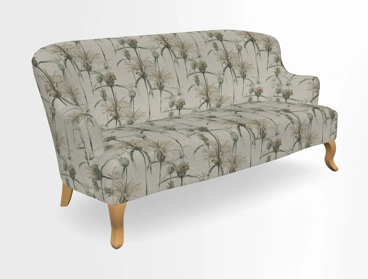 Grassington 3 Seater Sofa in RHS Botanicals on Velvet Ferns Toile Olive with scatter in Almost Plain Velvet Harvest