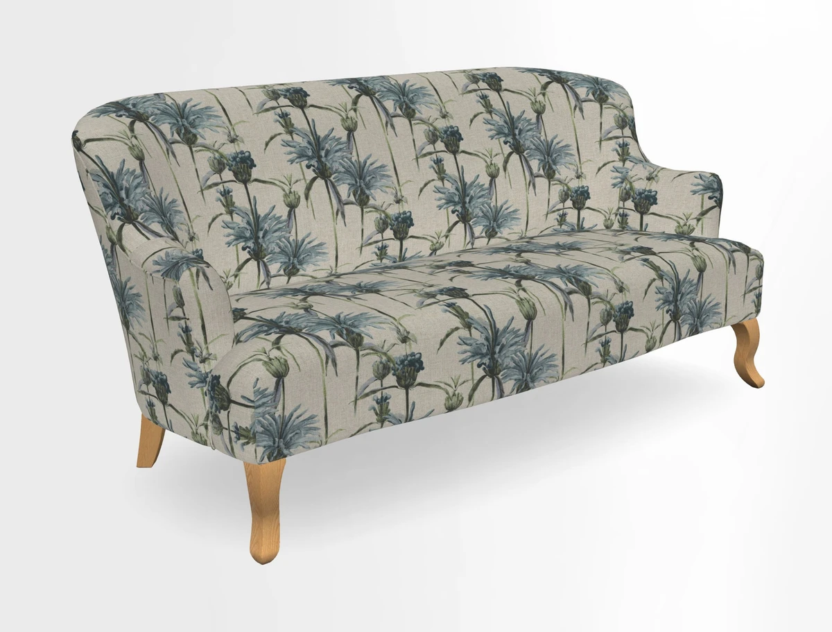 Grassington 3 Seater Sofa in RHS Botanicals on Velvet Ferns Toile Olive with scatter in Almost Plain Velvet Harvest