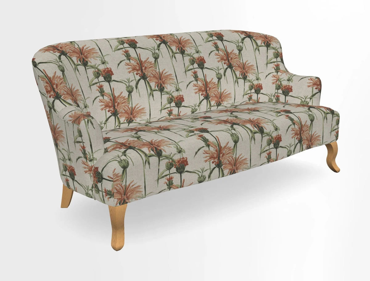 Grassington 3 Seater Sofa in RHS Botanicals on Velvet Ferns Toile Olive with scatter in Almost Plain Velvet Harvest