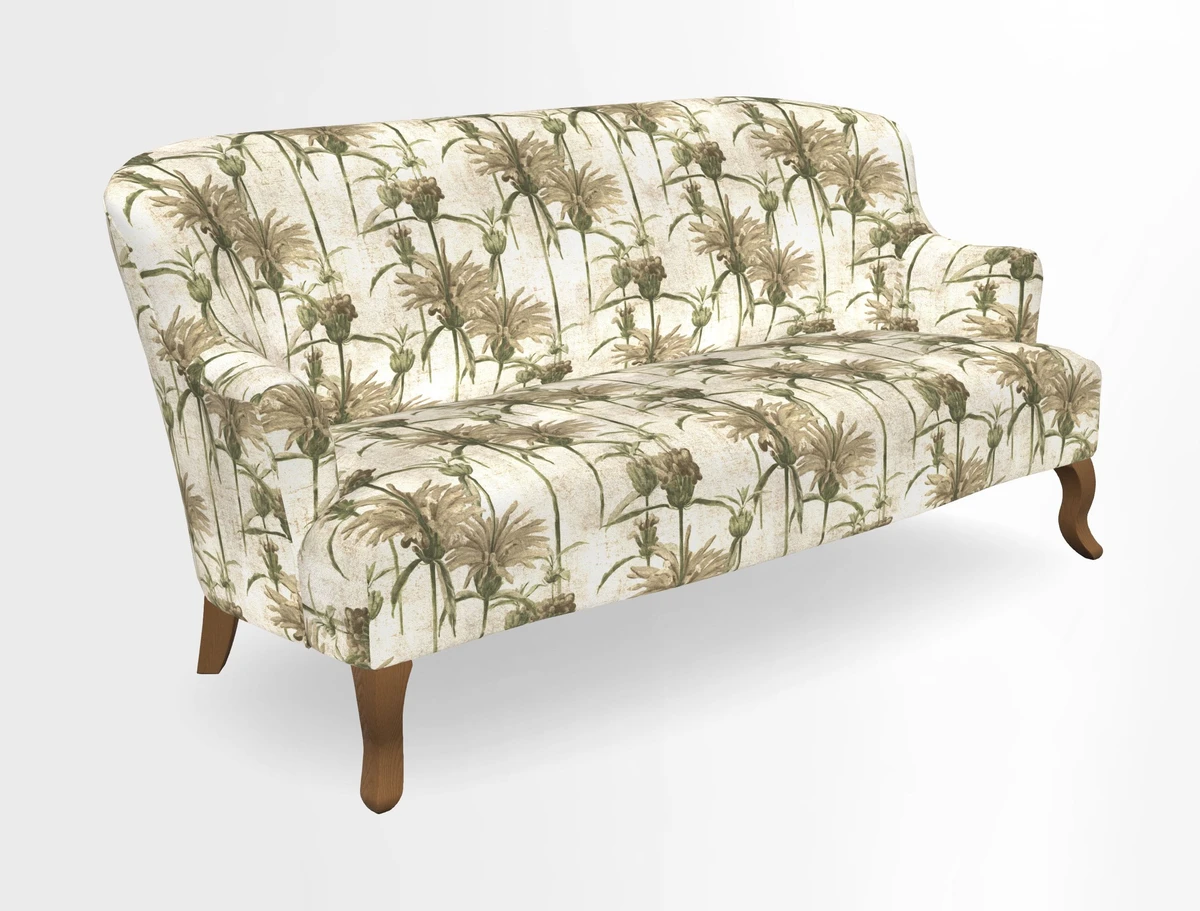 Grassington 3 Seater Sofa in RHS Botanicals on Velvet Ferns Toile Olive with scatter in Almost Plain Velvet Harvest