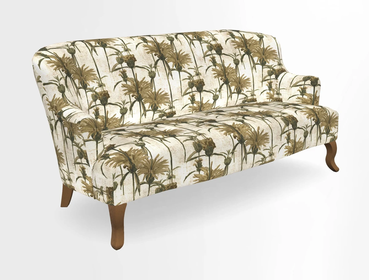 Grassington 3 Seater Sofa in RHS Botanicals on Velvet Ferns Toile Olive with scatter in Almost Plain Velvet Harvest