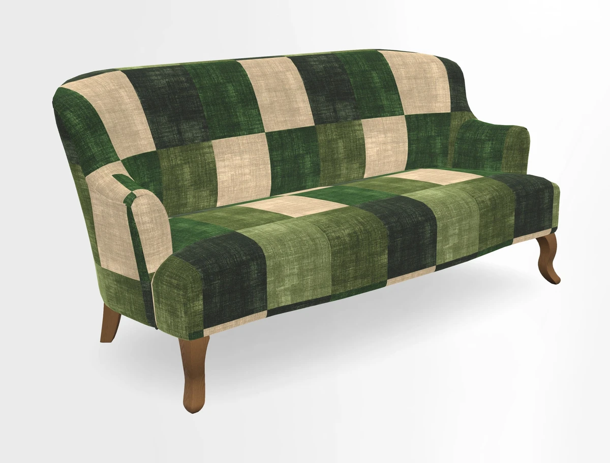 Grassington 3 Seater Sofa in RHS Botanicals on Velvet Ferns Toile Olive with scatter in Almost Plain Velvet Harvest