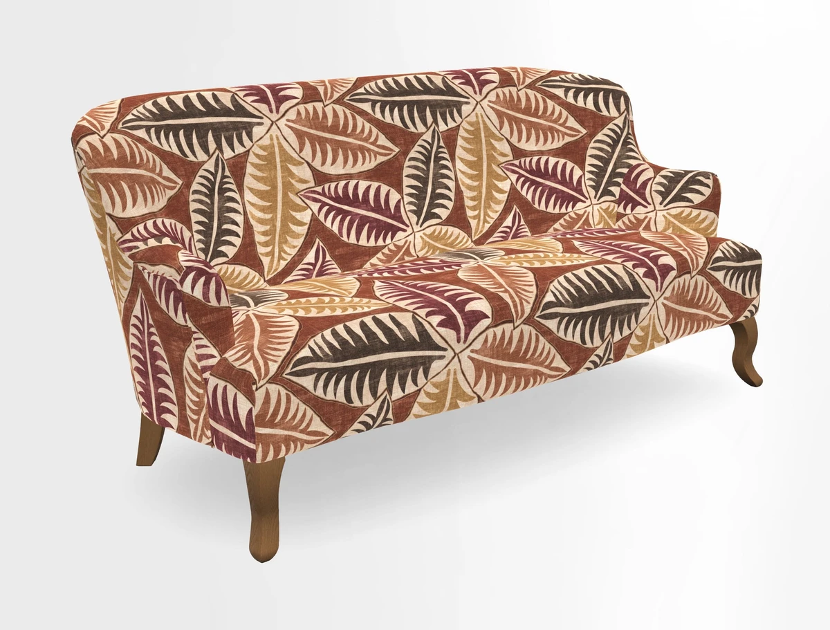 Grassington 3 Seater Sofa in RHS Botanicals on Velvet Ferns Toile Olive with scatter in Almost Plain Velvet Harvest