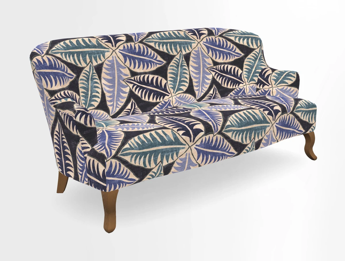 Grassington 3 Seater Sofa in RHS Botanicals on Velvet Ferns Toile Olive with scatter in Almost Plain Velvet Harvest