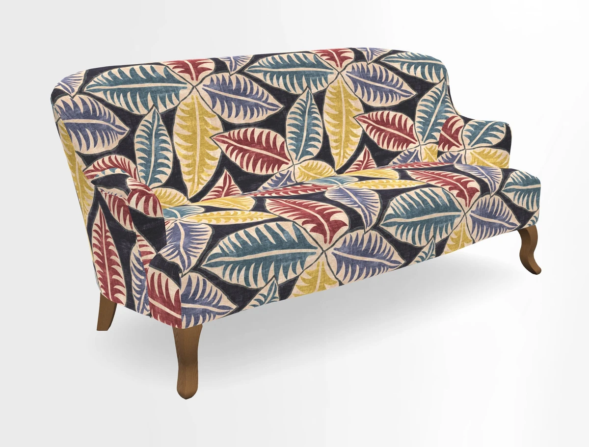 Grassington 3 Seater Sofa in RHS Botanicals on Velvet Ferns Toile Olive with scatter in Almost Plain Velvet Harvest