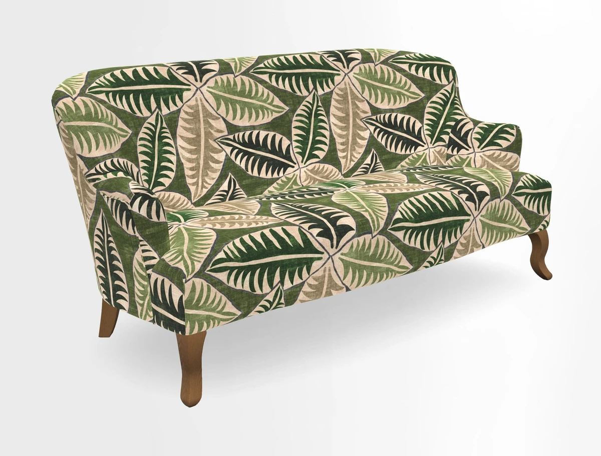Grassington 3 Seater Sofa in RHS Botanicals on Velvet Ferns Toile Olive with scatter in Almost Plain Velvet Harvest