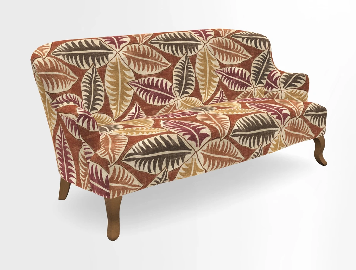Grassington 3 Seater Sofa in RHS Botanicals on Velvet Ferns Toile Olive with scatter in Almost Plain Velvet Harvest