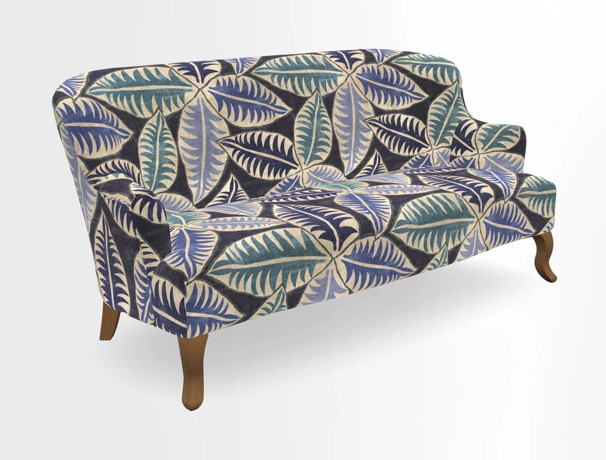 Grassington 3 Seater Sofa in RHS Botanicals on Velvet Ferns Toile Olive with scatter in Almost Plain Velvet Harvest