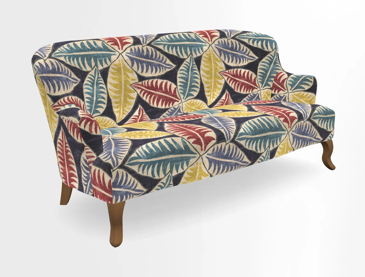 Grassington 3 Seater Sofa in RHS Botanicals on Velvet Ferns Toile Olive with scatter in Almost Plain Velvet Harvest