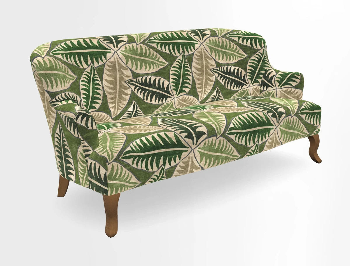 Grassington 3 Seater Sofa in RHS Botanicals on Velvet Ferns Toile Olive with scatter in Almost Plain Velvet Harvest