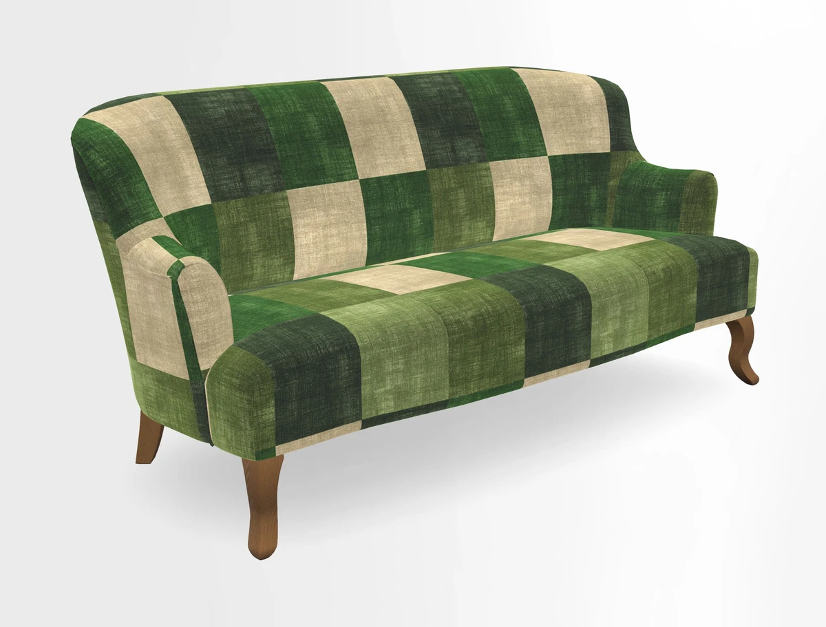Grassington 3 Seater Sofa in RHS Botanicals on Velvet Ferns Toile Olive with scatter in Almost Plain Velvet Harvest