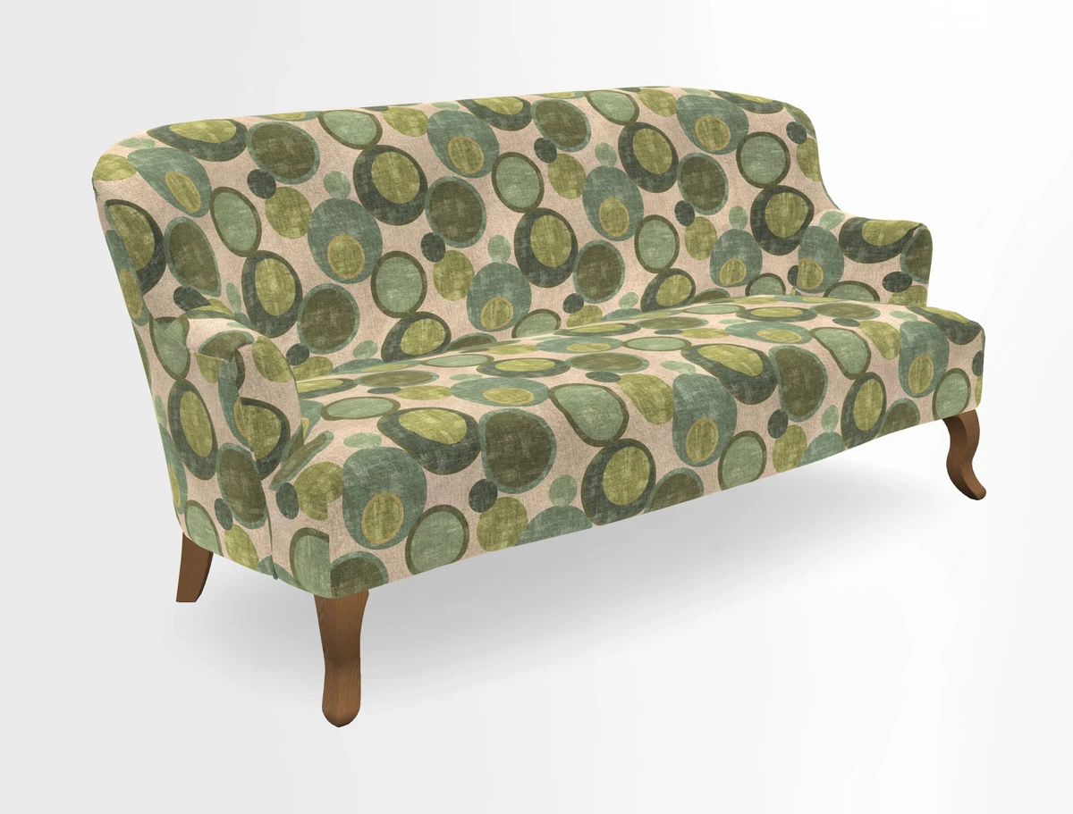 Grassington 3 Seater Sofa in RHS Botanicals on Velvet Ferns Toile Olive with scatter in Almost Plain Velvet Harvest