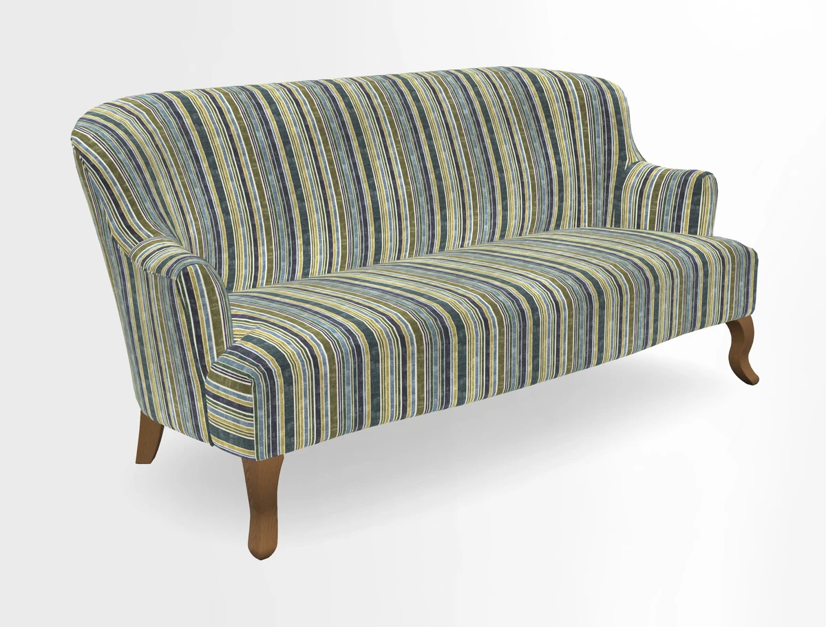 Grassington 3 Seater Sofa in RHS Botanicals on Velvet Ferns Toile Olive with scatter in Almost Plain Velvet Harvest