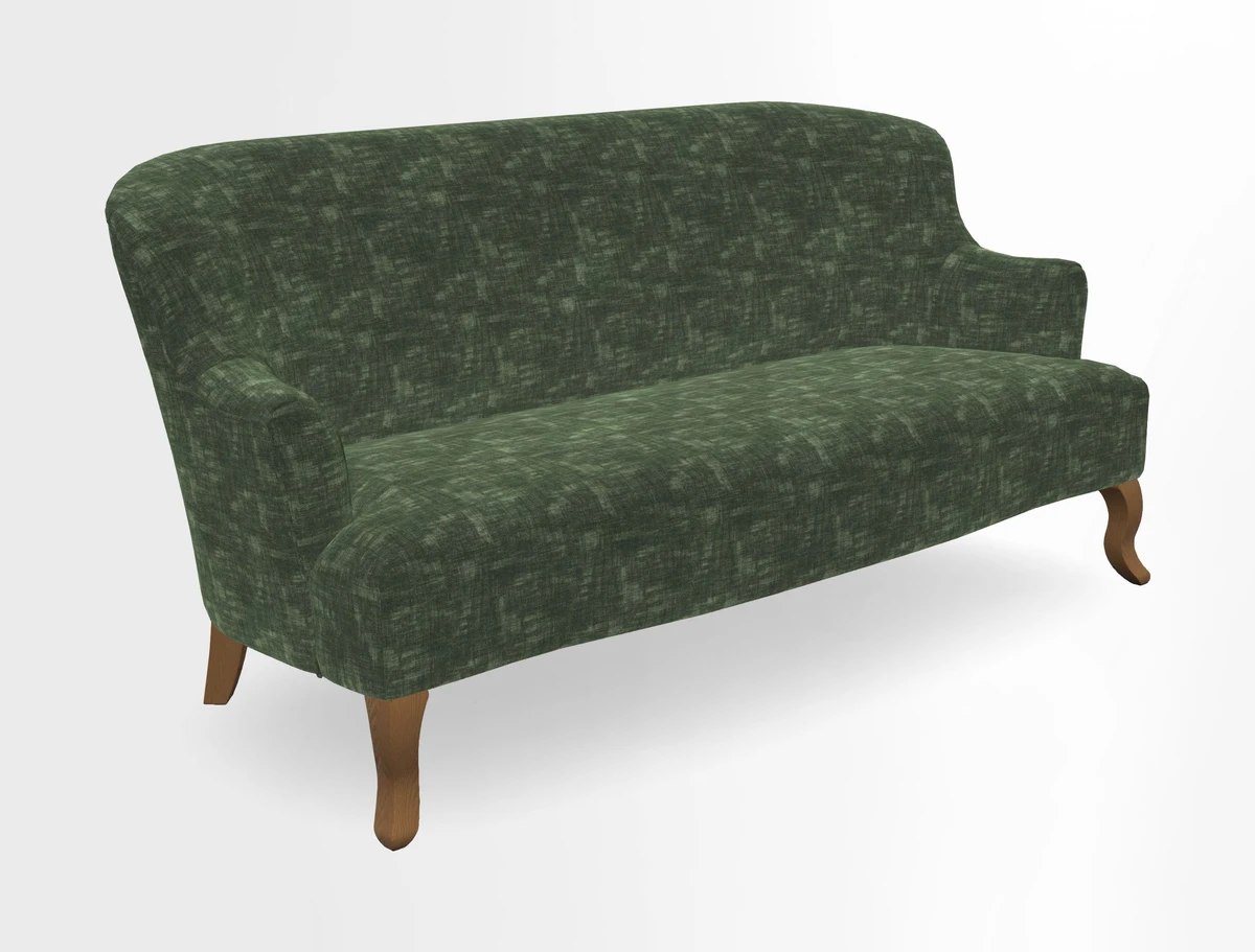 Grassington 3 Seater Sofa in RHS Botanicals on Velvet Ferns Toile Olive with scatter in Almost Plain Velvet Harvest
