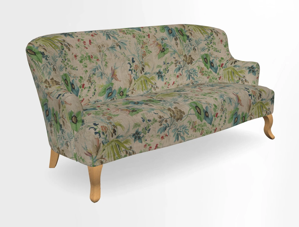 Grassington 3 Seater Sofa in RHS Botanicals on Velvet Ferns Toile Olive with scatter in Almost Plain Velvet Harvest