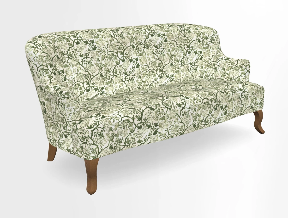 Grassington 3 Seater Sofa in RHS Botanicals on Velvet Ferns Toile Olive with scatter in Almost Plain Velvet Harvest