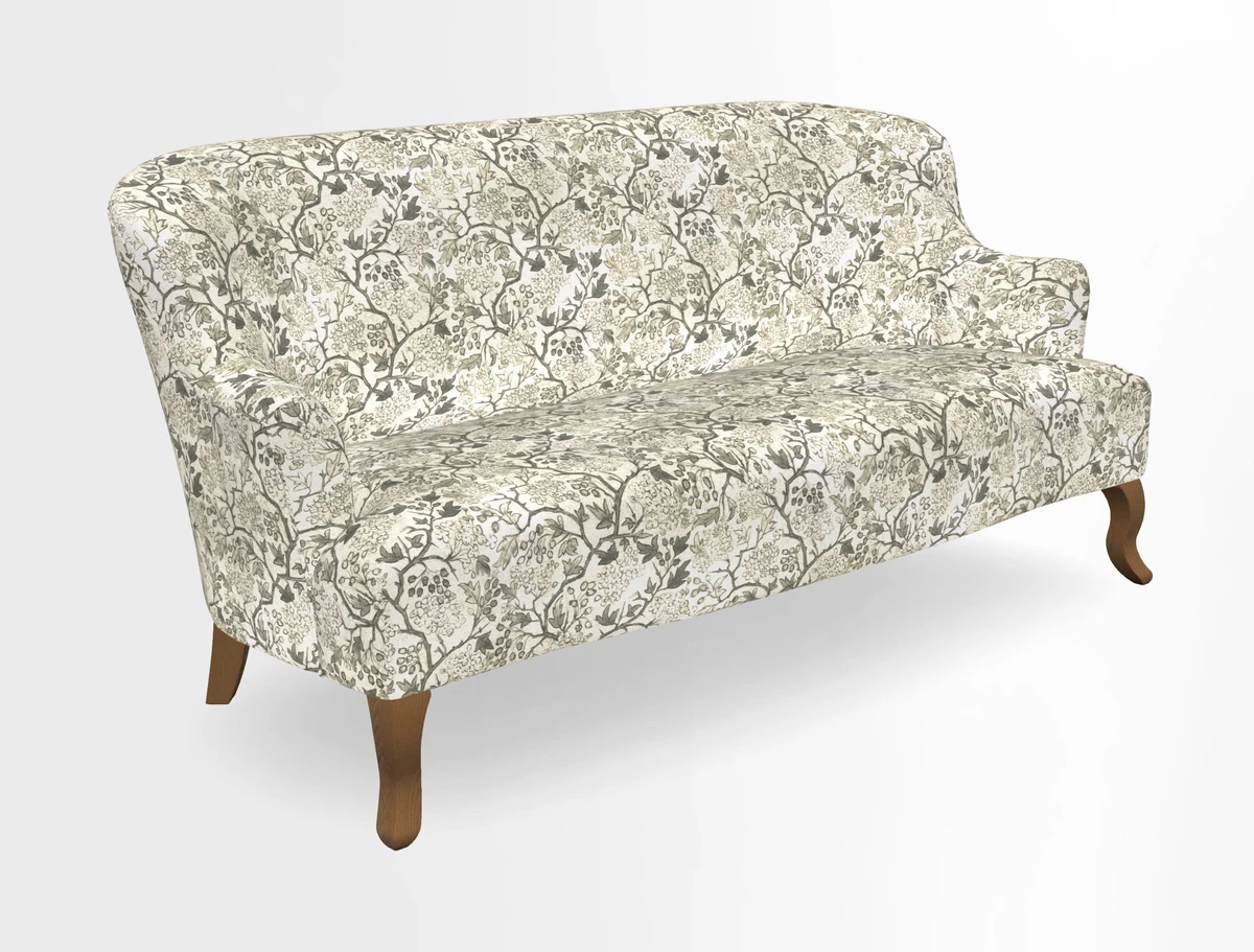 Grassington 3 Seater Sofa in RHS Botanicals on Velvet Ferns Toile Olive with scatter in Almost Plain Velvet Harvest
