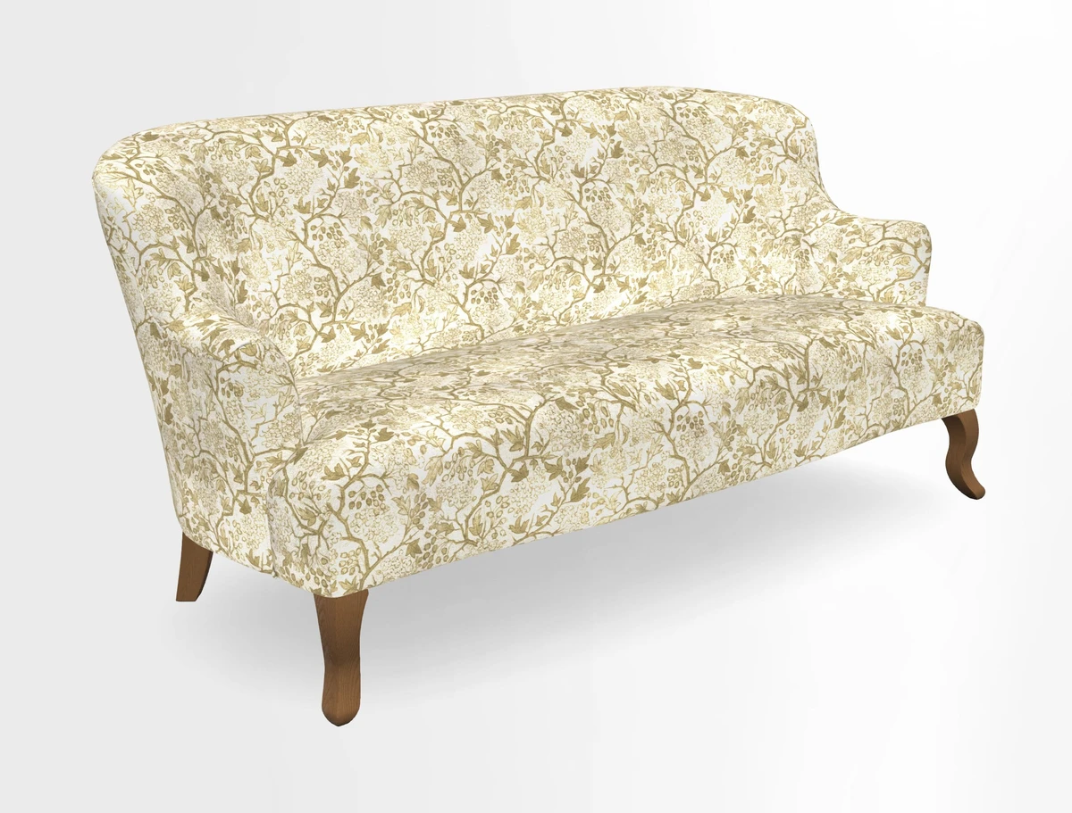 Grassington 3 Seater Sofa in RHS Botanicals on Velvet Ferns Toile Olive with scatter in Almost Plain Velvet Harvest