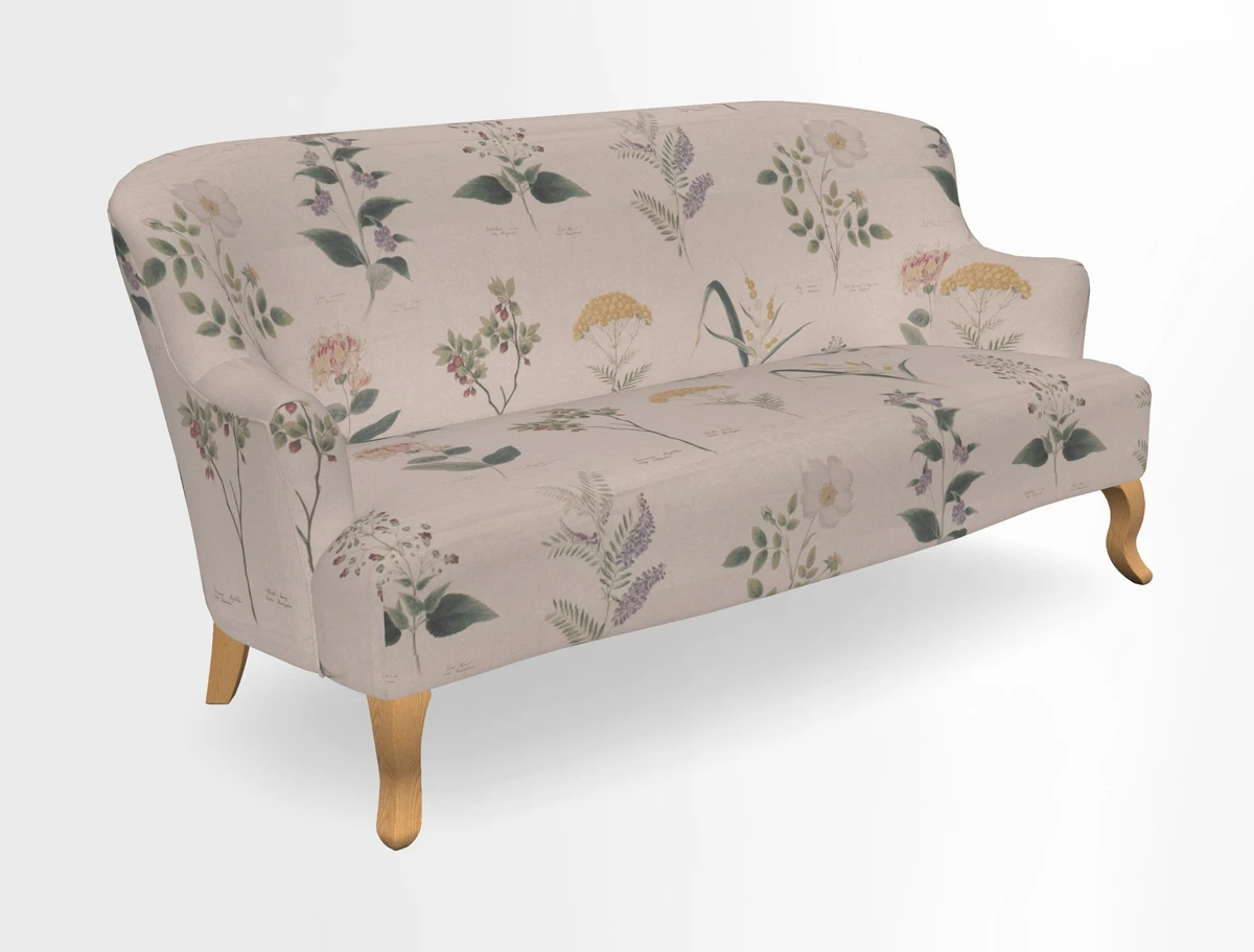 Grassington 3 Seater Sofa in RHS Botanicals on Velvet Ferns Toile Olive with scatter in Almost Plain Velvet Harvest