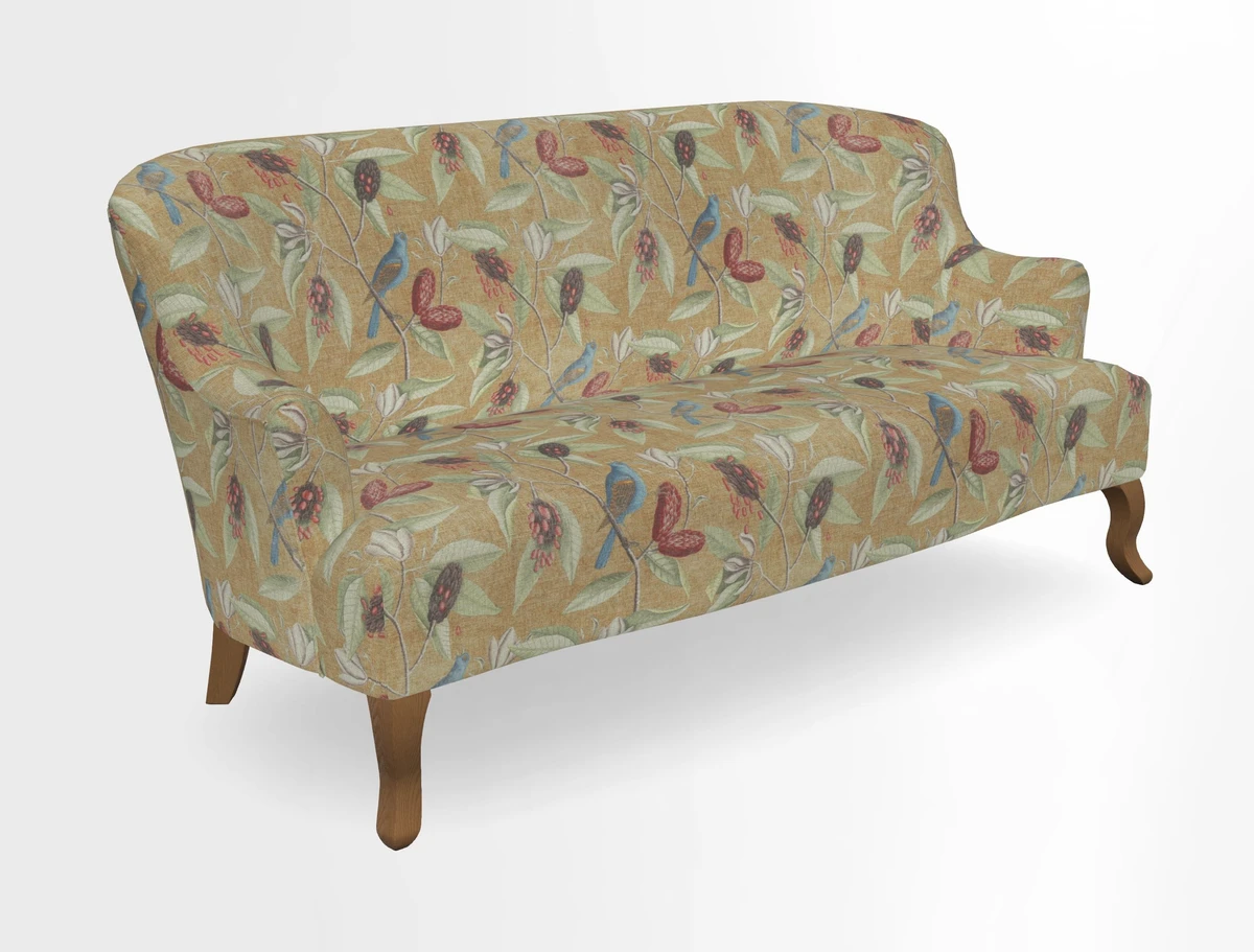 Grassington 3 Seater Sofa in RHS Botanicals on Velvet Ferns Toile Olive with scatter in Almost Plain Velvet Harvest