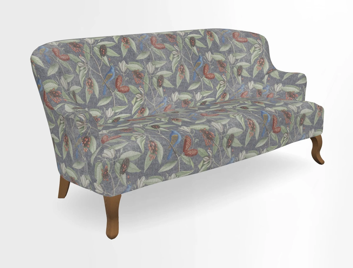 Grassington 3 Seater Sofa in RHS Botanicals on Velvet Ferns Toile Olive with scatter in Almost Plain Velvet Harvest