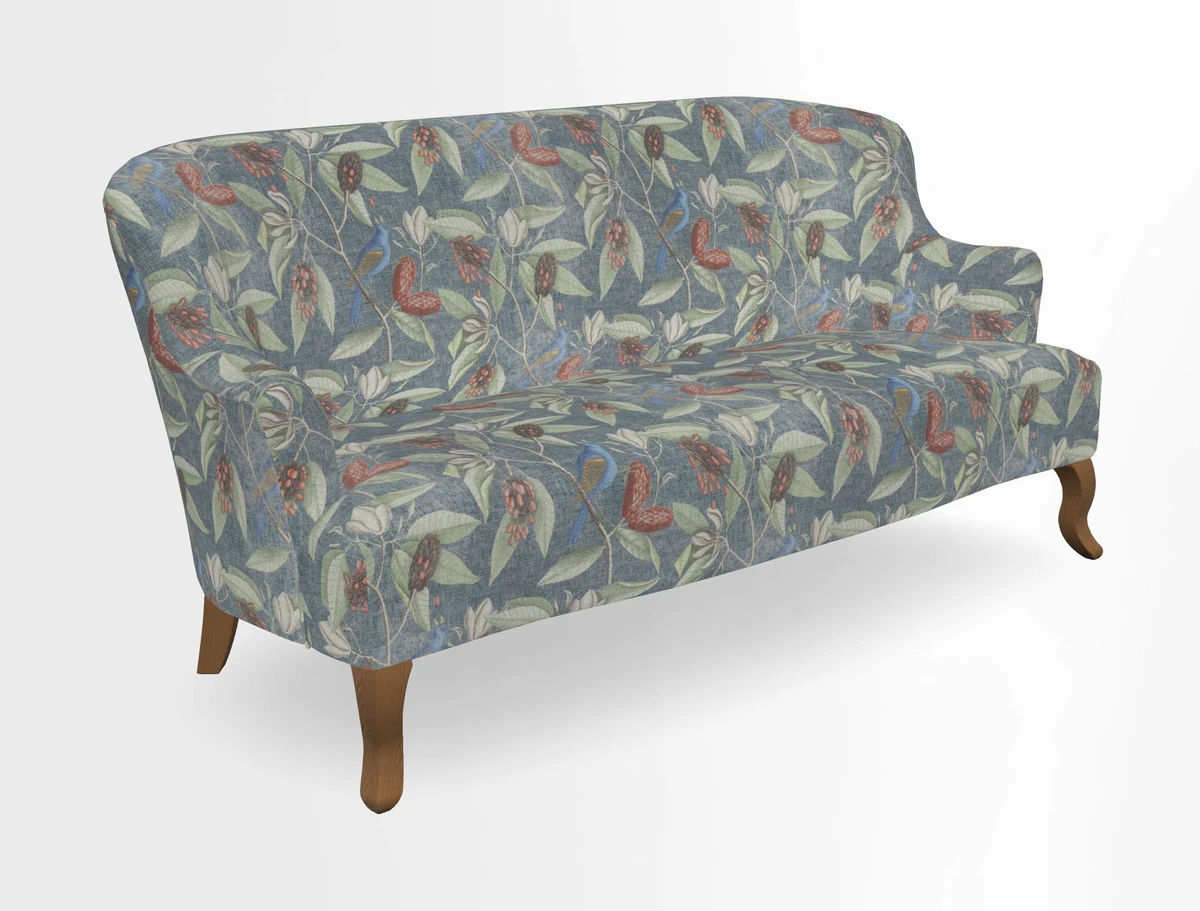 Grassington 3 Seater Sofa in RHS Botanicals on Velvet Ferns Toile Olive with scatter in Almost Plain Velvet Harvest