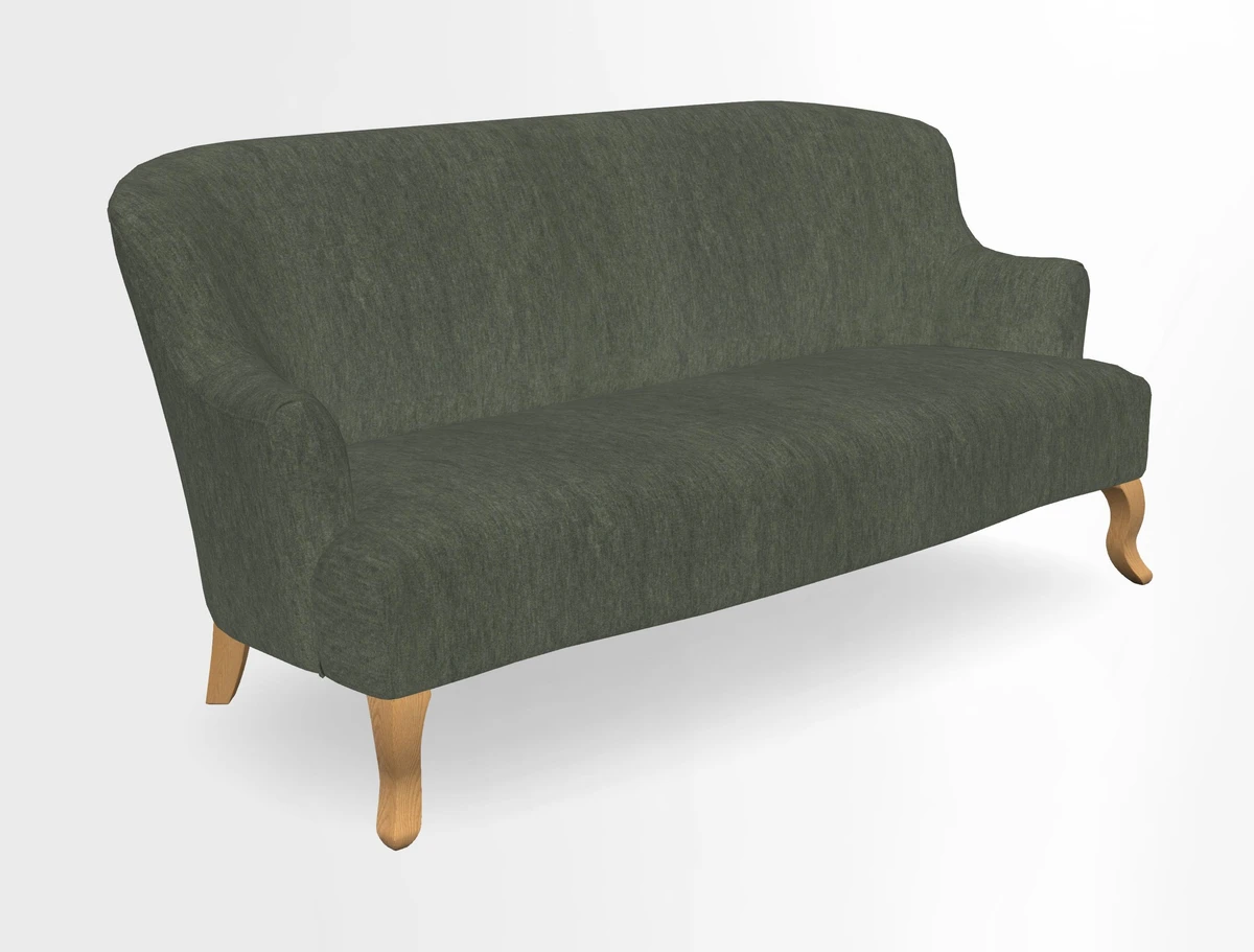 Grassington 3 Seater Sofa in RHS Botanicals on Velvet Ferns Toile Olive with scatter in Almost Plain Velvet Harvest