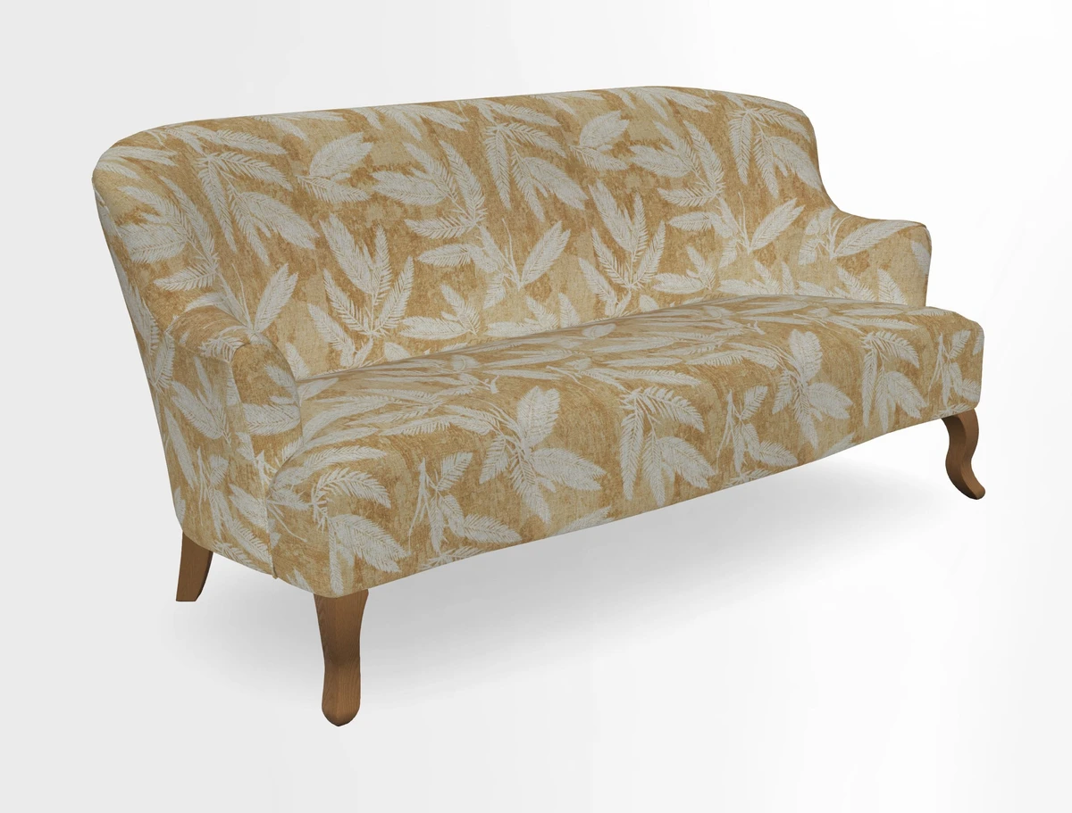 Grassington 3 Seater Sofa in RHS Botanicals on Velvet Ferns Toile Olive with scatter in Almost Plain Velvet Harvest