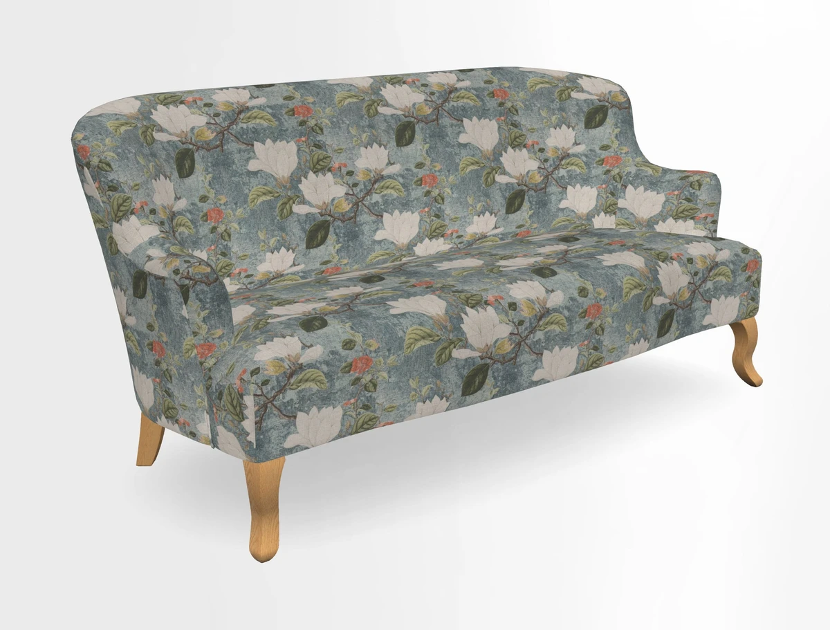 Grassington 3 Seater Sofa in RHS Botanicals on Velvet Ferns Toile Olive with scatter in Almost Plain Velvet Harvest