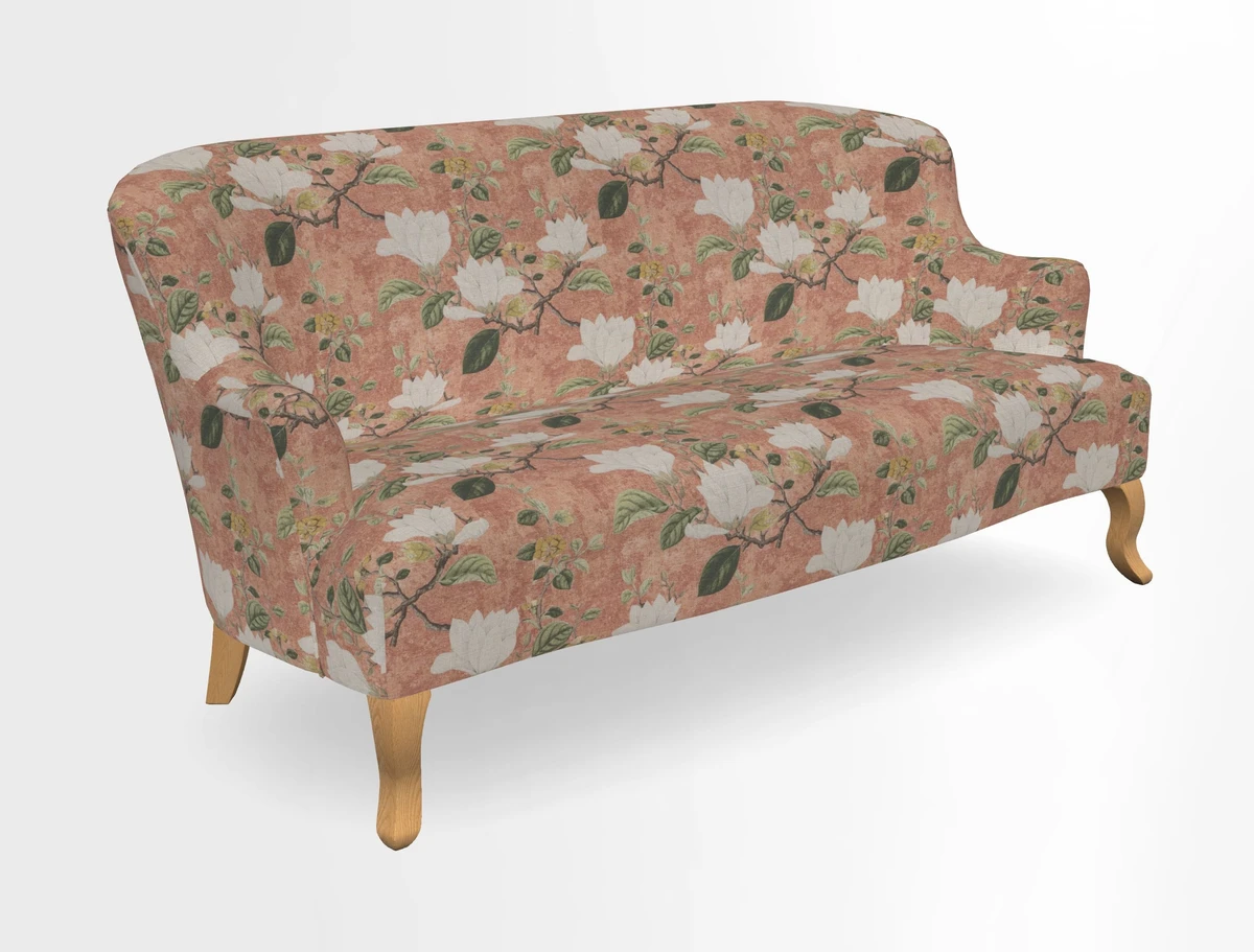 Grassington 3 Seater Sofa in RHS Botanicals on Velvet Ferns Toile Olive with scatter in Almost Plain Velvet Harvest
