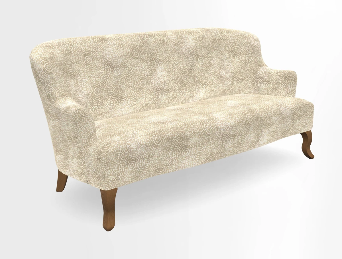 Grassington 3 Seater Sofa in RHS Botanicals on Velvet Ferns Toile Olive with scatter in Almost Plain Velvet Harvest