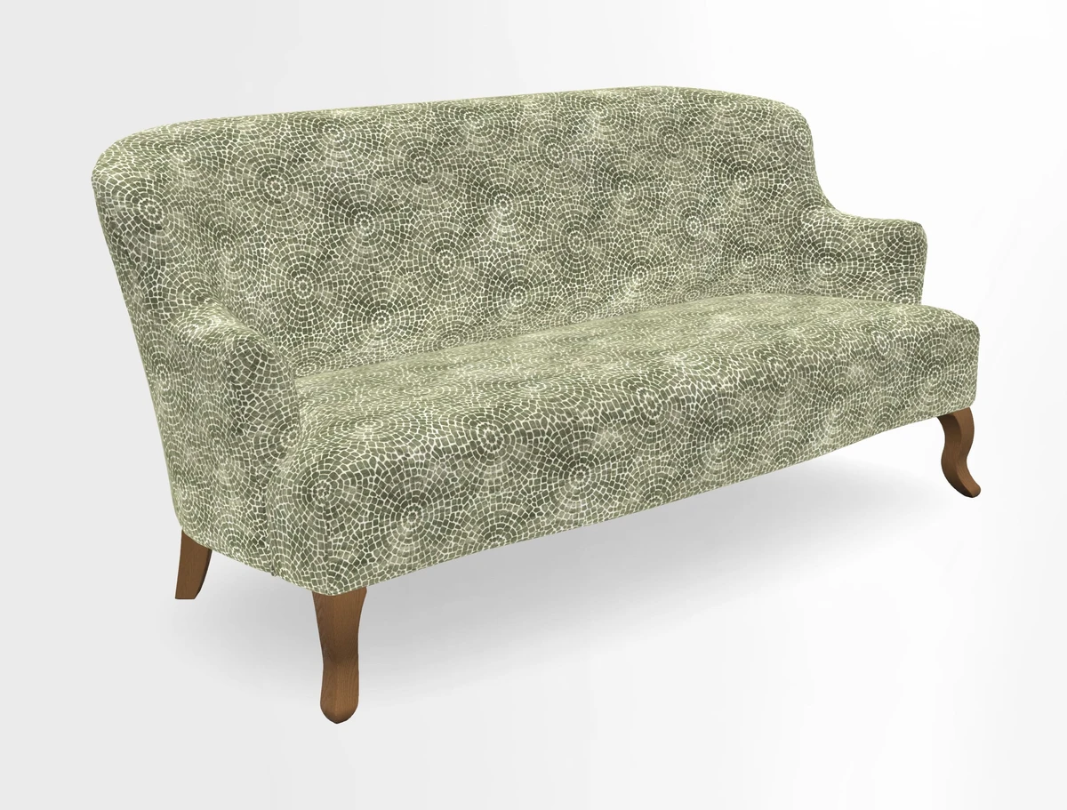 Grassington 3 Seater Sofa in RHS Botanicals on Velvet Ferns Toile Olive with scatter in Almost Plain Velvet Harvest
