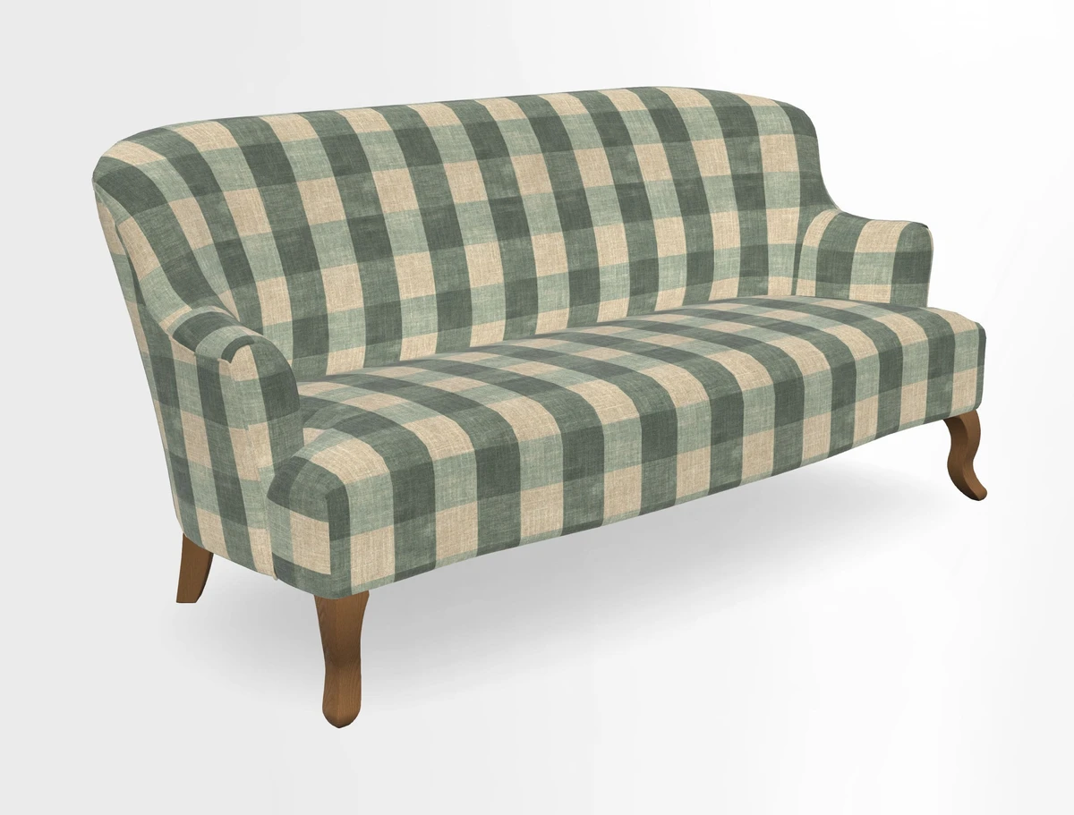 Grassington 3 Seater Sofa in RHS Botanicals on Velvet Ferns Toile Olive with scatter in Almost Plain Velvet Harvest