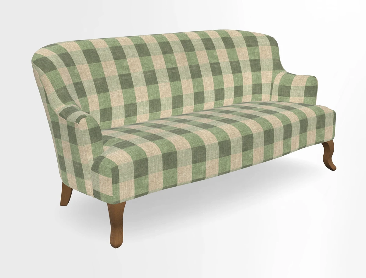 Grassington 3 Seater Sofa in RHS Botanicals on Velvet Ferns Toile Olive with scatter in Almost Plain Velvet Harvest