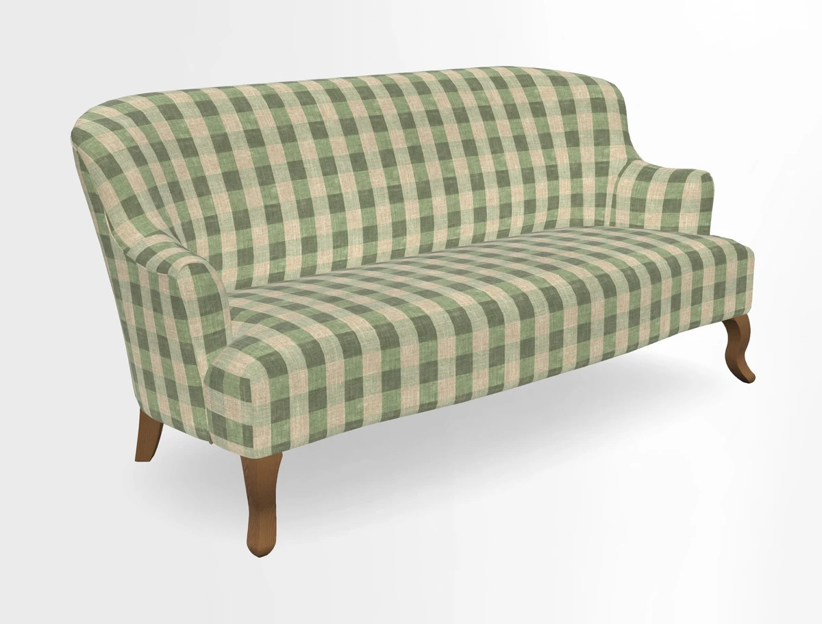 Grassington 3 Seater Sofa in RHS Botanicals on Velvet Ferns Toile Olive with scatter in Almost Plain Velvet Harvest