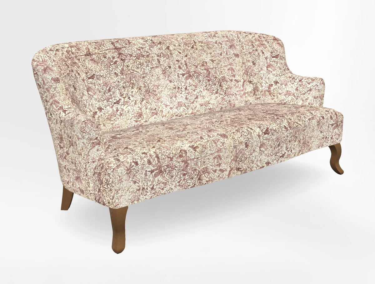 Grassington 3 Seater Sofa in RHS Botanicals on Velvet Ferns Toile Olive with scatter in Almost Plain Velvet Harvest