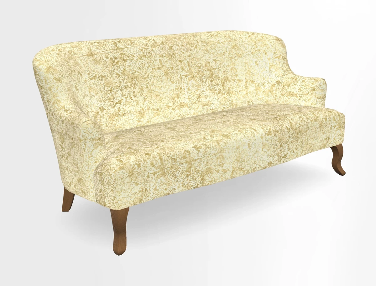 Grassington 3 Seater Sofa in RHS Botanicals on Velvet Ferns Toile Olive with scatter in Almost Plain Velvet Harvest